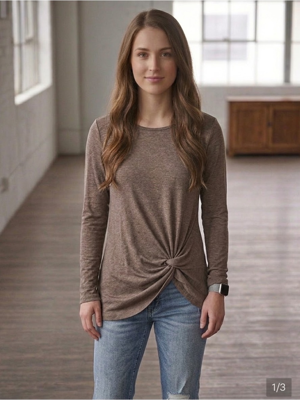 Women's Long Sleeve Twist Front Top - Brown